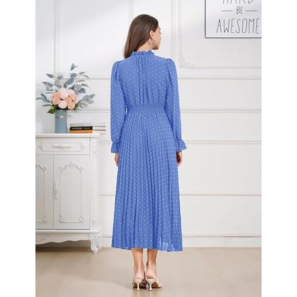 Casual Long Sleeve Swiss Dot Pleated Flowy Cocktail Dress, SMALL, 4L-137D002 - Picture 2 of 2